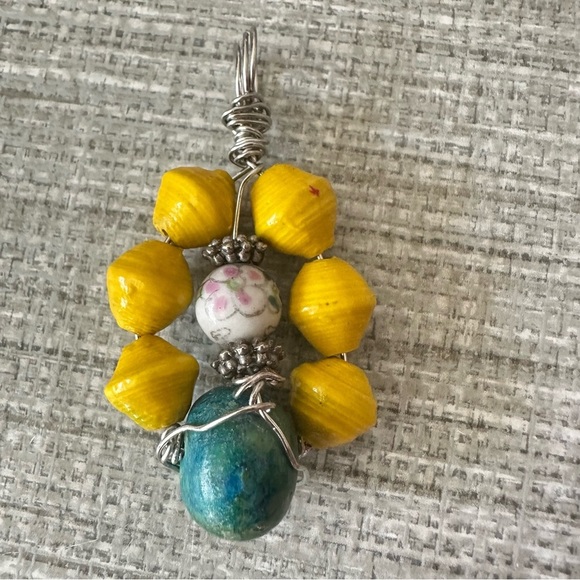 Handcrafted Yellow and Blue Beaded Pendant and paper beads 1600 Y - Picture 1 of 9